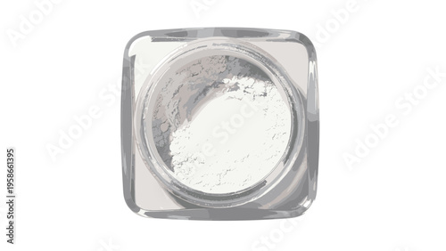 Overhead view of a square glass container filled with fine white loose cosmetic powder used for setting makeup or facial care.