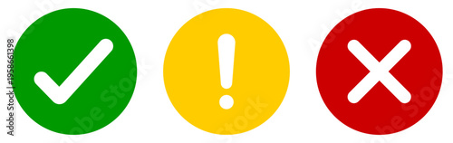 Check mark, exclamation, x mark icon set with tick, cross, warning, error, alert symbols. Circle validation signs for status indicators, approval reject marks, vector icon