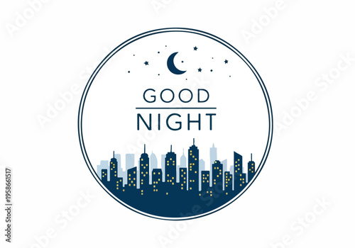 Charming illustration of a city skyline at night with a crescent moon and stars, perfect for bedtime stories and peaceful wishes