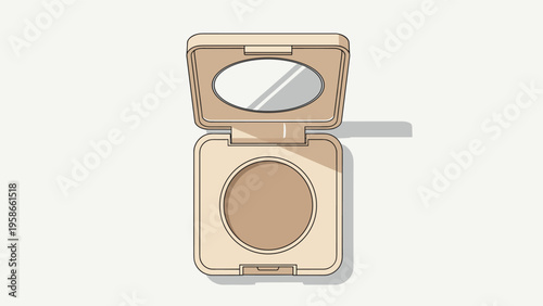 Open square compact mirror featuring a single circular pan of neutral beige pressed face powder or eyeshadow for touch ups.