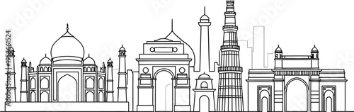 Delhi india cityscape outline iconic landmarks linear vector illustration isolated on white