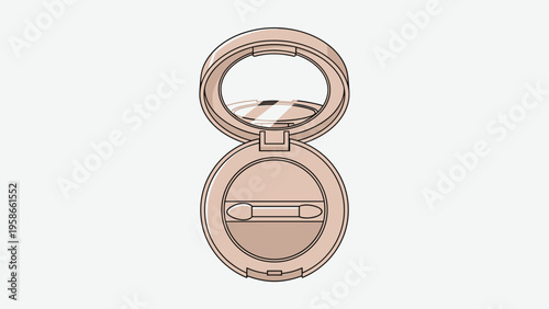 Round cosmetic compact with an integrated mirror and a single shade of pressed powder makeup including a small applicator tool.