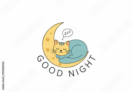 Sweet dreams are made of this! Adorable illustration of a cute cat peacefully sleeping on a crescent moon with 'GOOD NIGHT' text. Perfect for bedtime stories and comforting messages