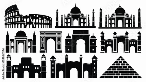 Monochrome vector illustrations of famous landmarks and monuments from around the world in black on white background