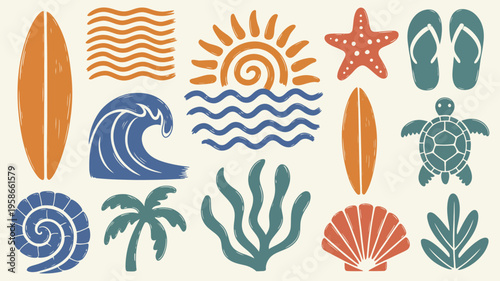 Tropical beach hand drawn illustration set with summer vintage doodle elements, scribble icons collection featuring surfboard, ocean waves, starfish, coral, sunset, sea turtle and palm tree