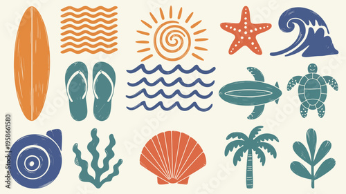 Tropical beach hand drawn illustration set with summer vintage doodle elements, scribble icons collection featuring surfboard, ocean waves, starfish, coral, sunset, sea turtle and palm tree