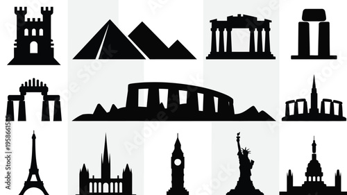 Collection of iconic city skylines and landmarks in black silhouette on white background for travel and geography concepts