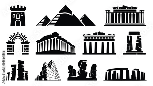 Collection of ancient architectural landmarks and monuments in black silhouette on white background