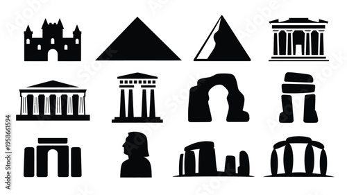 Collection of iconic architectural landmarks and monuments in black silhouette on white background for design and decoration