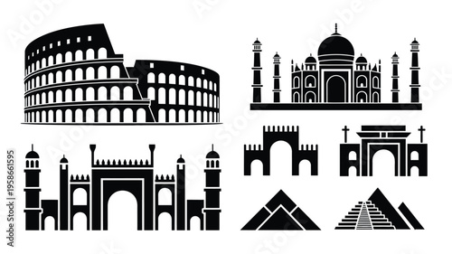 Vector graphics of famous landmarks and monuments in black on white background for design