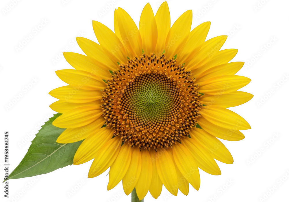 Naklejka premium A bright yellow sunflower isolated on transparent background with a green leaf