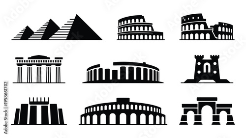 Collection of iconic ancient and historic architectural landmarks and monuments in black silhouette