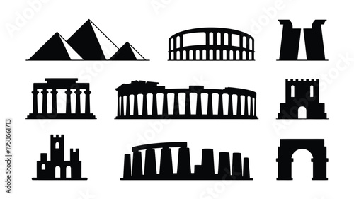 Minimalist vector illustration set of famous landmarks and monuments in black silhouette on white background for design and decoration