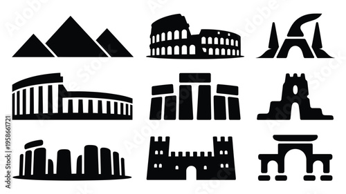 Minimalist vector illustrations of famous landmarks and monuments around the world in black on white background