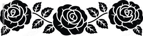 Rose floral border vector, a black horizontal line featuring three roses with leaves and buds in bold silhouette style isolated on white background for an elegant ornamental design.