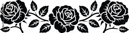 Rose floral border vector, horizontal black silhouette design featuring three blooming roses, leaves, and buds, isolated on a white background for bold decorative layouts.