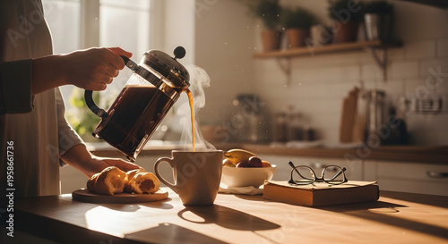 Pouring hot coffee from French press into mug with croissants and fruit for a cozy morning breakfast