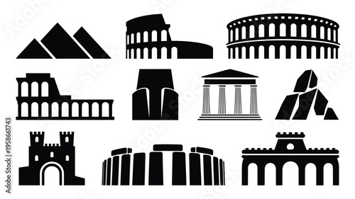 Black vector illustrations of famous landmarks and ancient buildings in various architectural styles