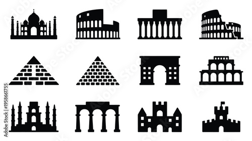 Historic architecture silhouettes icon set black and white landmarks cultural heritage symbols