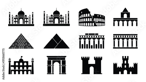 Historic architecture silhouettes icon set monochrome landmarks and monuments