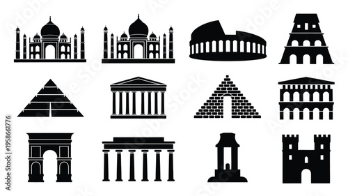 Collection of iconic black silhouette architecture symbols and landmarks from around the world on white background