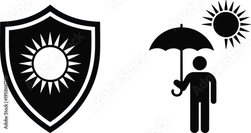 Bold black shield with sun and a person under umbrella with full sun above indicating sun safety