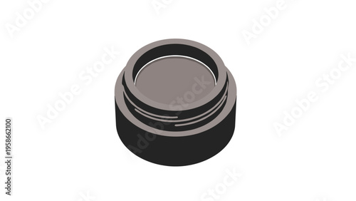 Small dark cosmetic jar with a screw top lid seen from an isometric perspective containing cream or gel for facial treatments.
