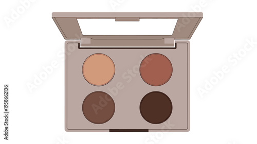 Neutral eyeshadow palette with four circular pans of brown and tan makeup shades shown in an open case with a clear viewing window.