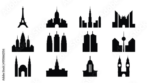 City skylines and famous landmarks in black silhouette on white background for design and decoration