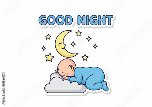 Sweet dreams little one, a baby sleeping soundly on a cloud under a starry night sky, with a crescent moon watching over