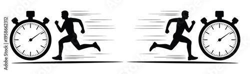 Speed runner starting, stopwatch silhouette, man sprinting towards finish line, vector graphic for sports, athletics, and competition-themed design