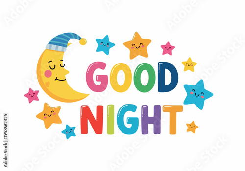 Sweet dreams illustrated with a cheerful moon and a constellation of happy stars, wishing you a peaceful and restful goodnight