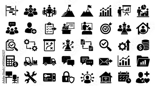 Business strategy icons set for planning, management, finance, teamwork, and success in corporate projects and operations