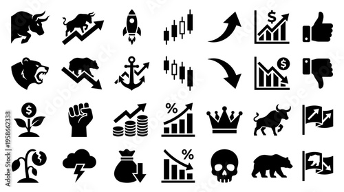 Financial Market Icons Set Bull Bear Stock Growth Decline Symbols Cryptocurrency Investment Trading Business Concepts