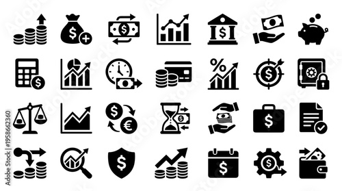 Collection of financial and business icons representing money management banking investment growth and security concepts