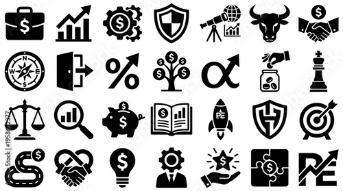 Diverse business and finance icons representing growth strategy investment success and teamwork in a modern professional context