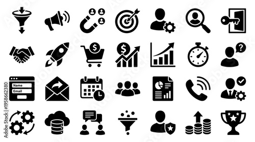 Collection of business and marketing icons representing strategy growth analytics and customer engagement for digital services and online promotion