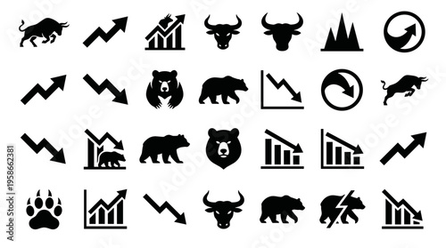 Collection of stock market icons featuring bulls bears graphs and arrows symbolizing financial growth and decline