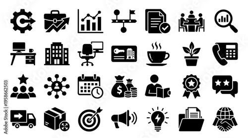 Collection of business and finance icons representing concepts like strategy planning teamwork growth and success in a modern flat design style