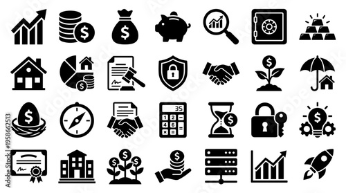 Collection of financial and business icons representing investment growth security and success in a modern flat design style
