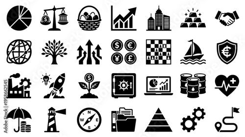 Collection of business and finance icons representing growth strategy investment success and global economy concepts