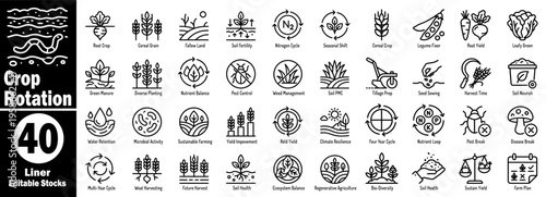 Crop rotation editable stocks icons set. Featuring Agriculture farming land management concepts, sustainable practices for plant growth and soil health, vector illustration.