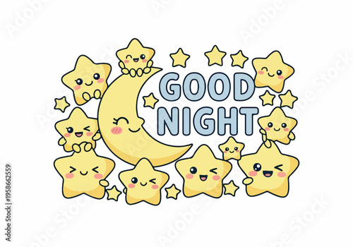 Smiling cartoon stars and moon with good night message at night