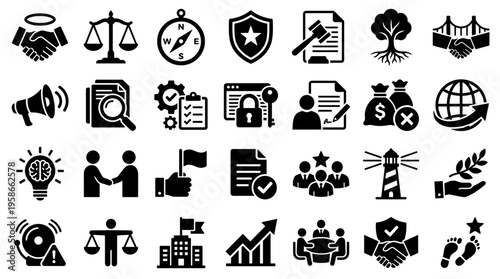 Collection of business and legal icons representing concepts like justice, teamwork, security, finance, and global connection