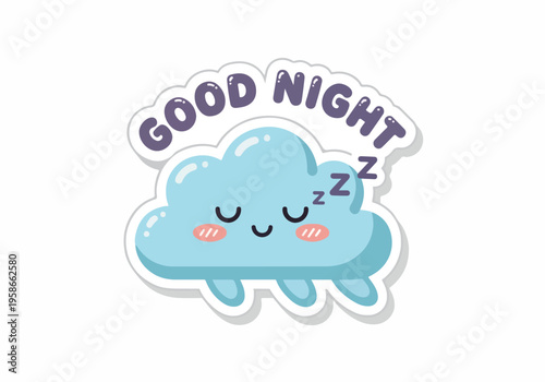 A cute blue sleeping cloud with good night text and zzz symbol appears happy