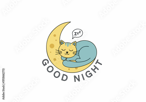 A sleeping cat curled up on a moon with a pillow