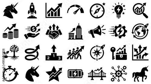 Collection of business and finance icons representing growth success strategy innovation and startup concepts with unicorn and rocket symbols