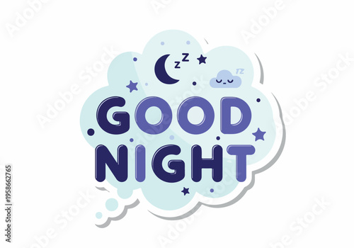 A peaceful nighttime scene with a sleeping illustration featuring a good night message.