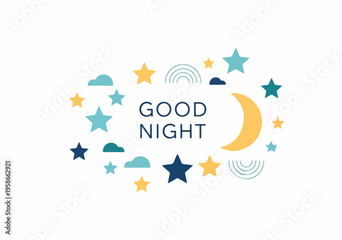 A serene nighttime scene with a crescent moon surrounded by colorful stars and clouds