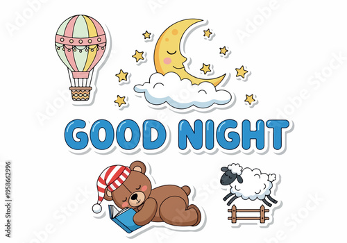 A teddy bear sleeps peacefully under a starry night sky with a hot air balloon and a sheep nearby